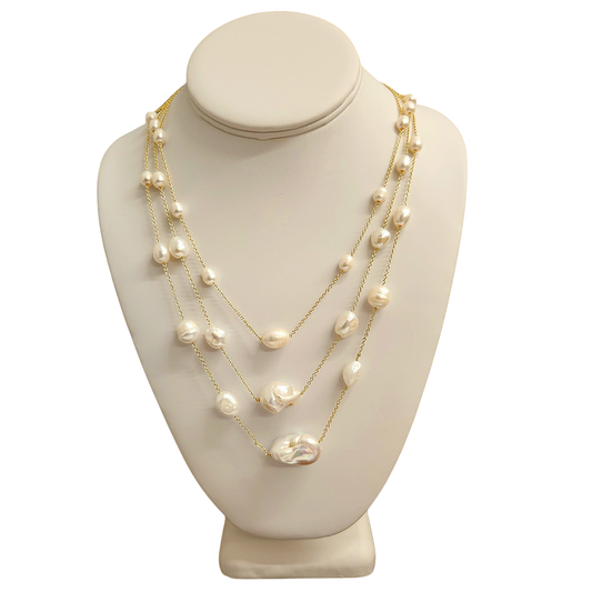 3 Row Freshwater Pearl Station Necklace
