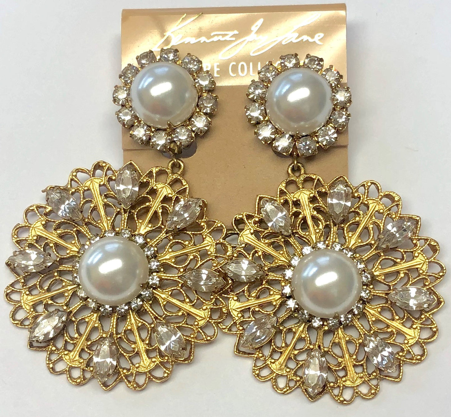 Antique Gold Crystals And Pearls Filigree Flower Clip Earring