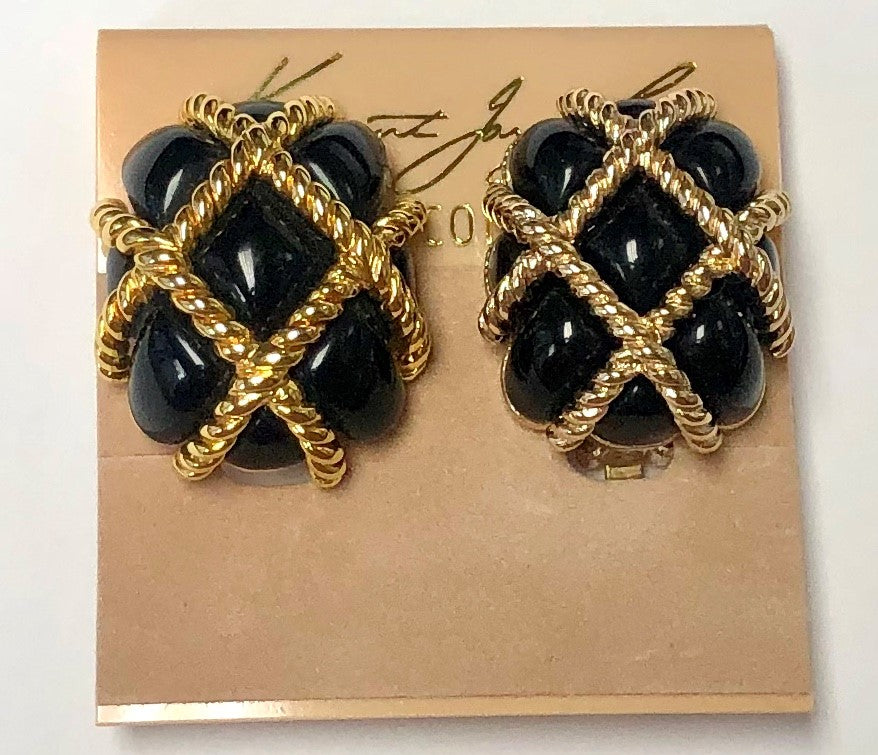 Gold Black Quilted Clip Earring