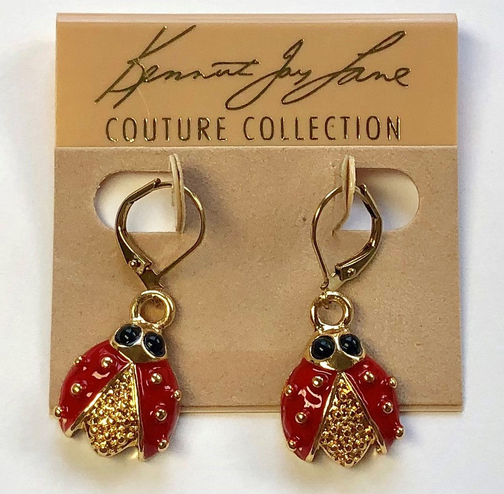 Gold Red Enamel Ladybug Eurowire Earring