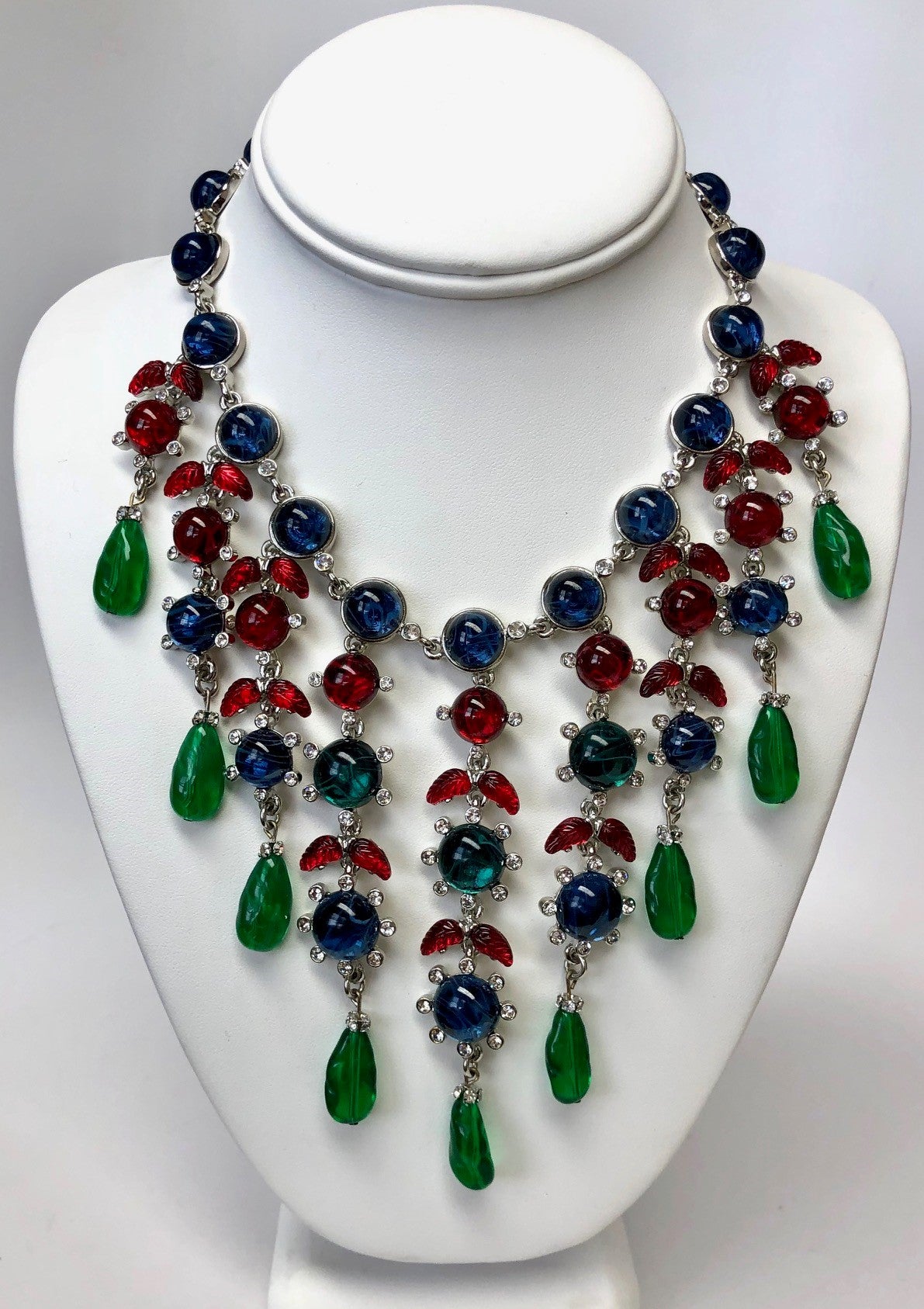 15"-18" Tutti Frutti Rhodium Ruby Sapphire Emerald Drop Necklace