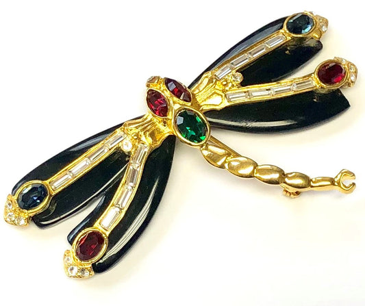 Gold Black Wings And Multi Stones Dragonfly Pin