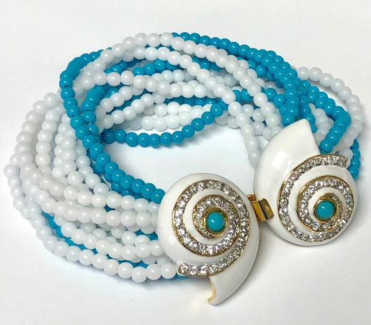 Gold White Shell Clasp15 Row White And Turquoise Beads Bracelet.