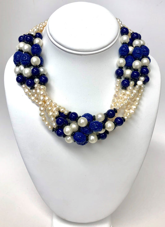 18.5" Freshwater Pearls And Carved Lapis Necklace
