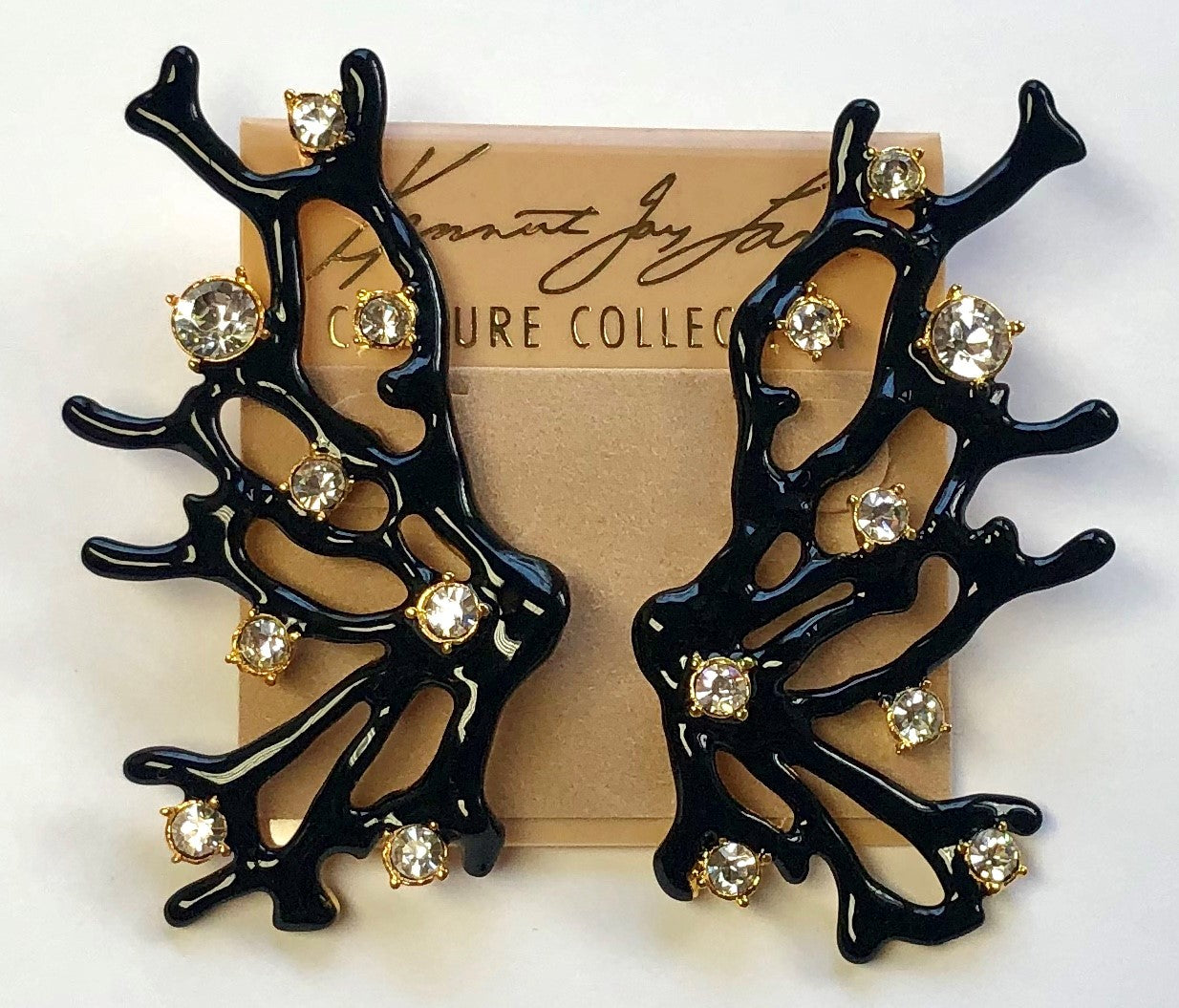 Gold With Black Enamel And Crystal Dots Branch Clip Earring