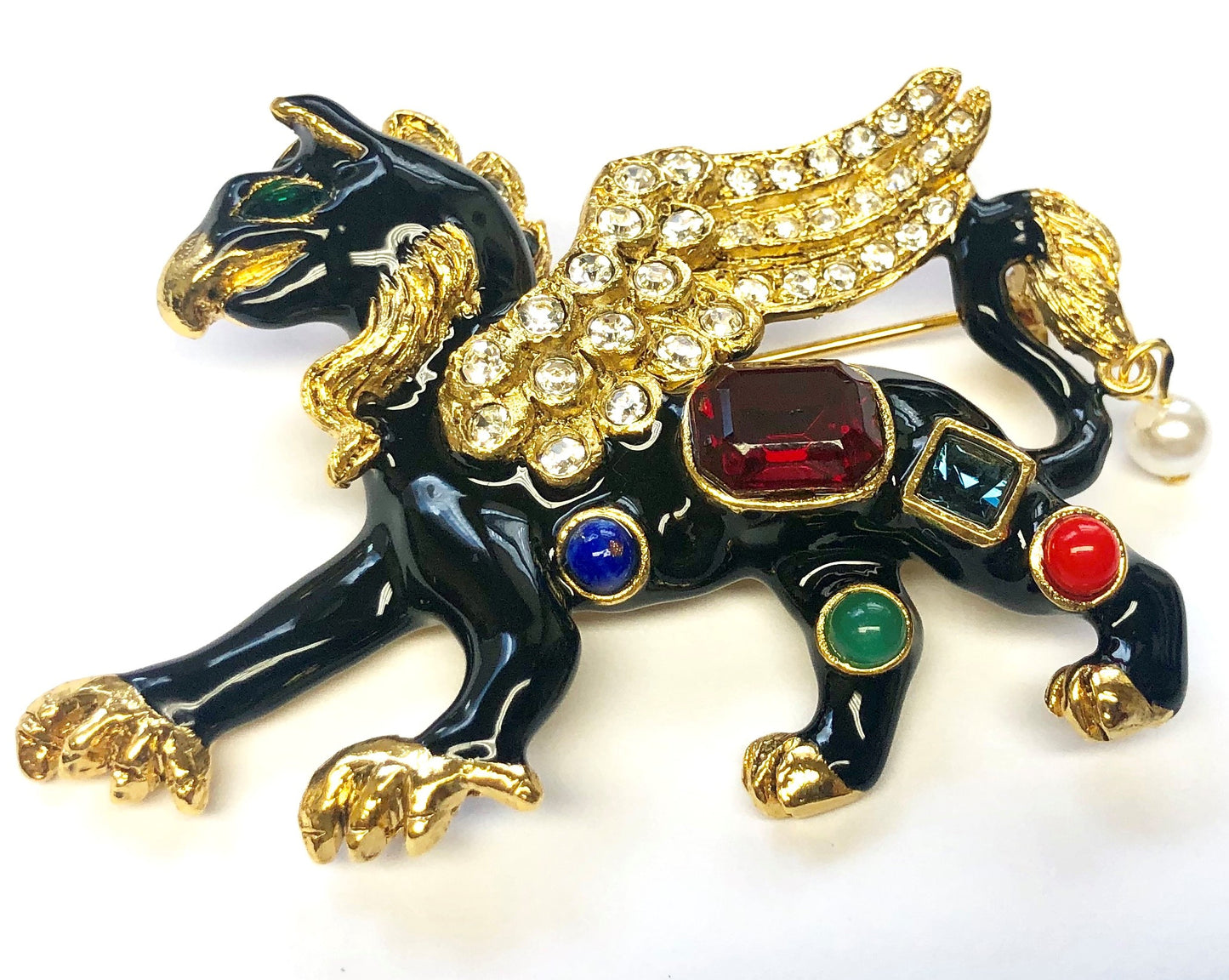 Gold With Black Enamel-Crystals-Multi-color Gems Dragon Pin