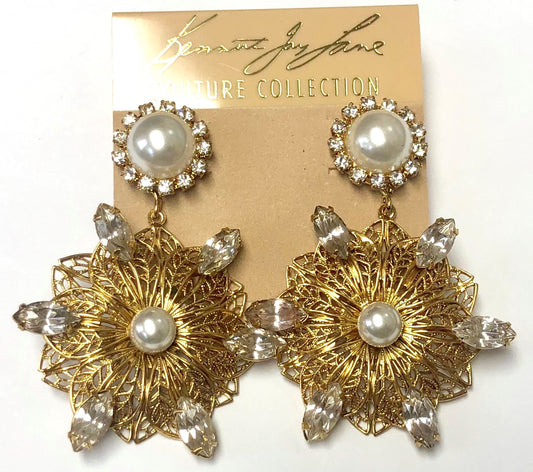 Antique Gold Crystals Pearls Filigree Flower Pierced Earring