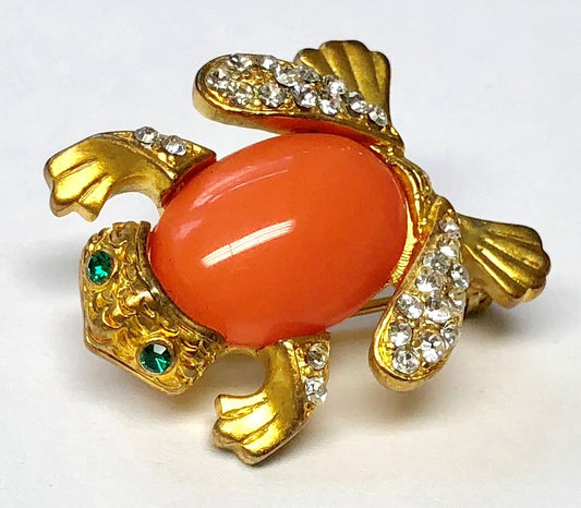 Gold Coral Crystals Frog Pin