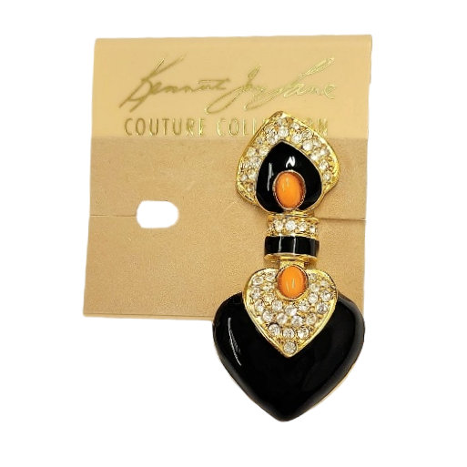 2.25" x 1" Gold Rhinestone Black with Coral Cabochon Center Heart Drop Clip Earring