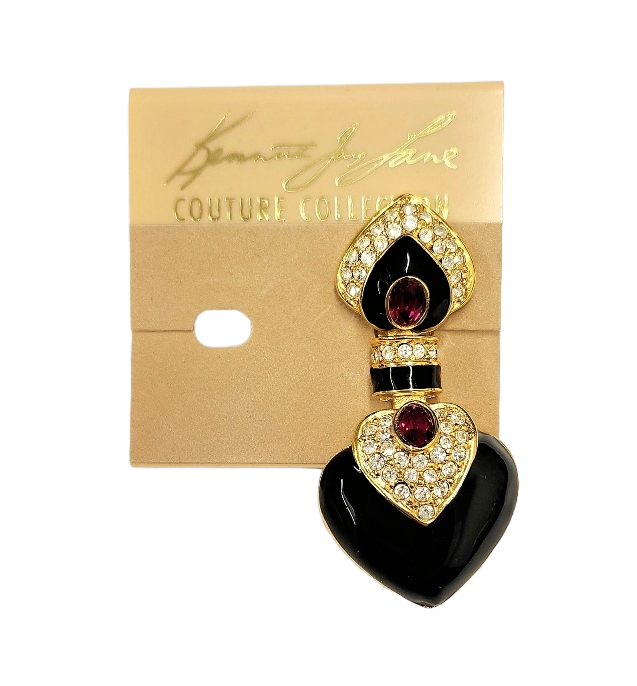 2.25" x 1" Gold Rhinestone Black with Faceted Ruby Center Heart Drop Clip Earring