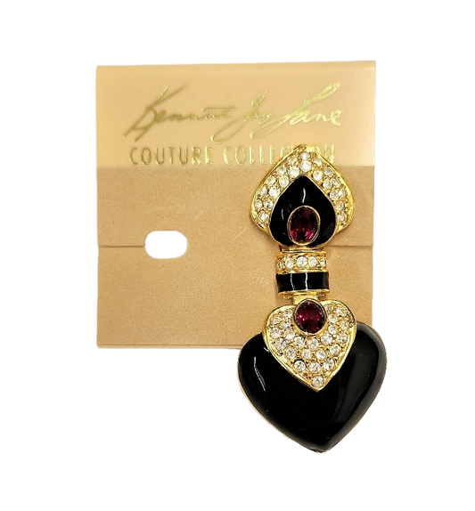 2.25" x 1" Gold Rhinestone Black with Faceted Ruby Center Heart Drop Clip Earring