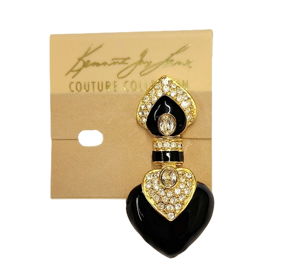 2.25" x 1" Gold Rhinestone Black with Crystal Center Heart Drop Clip Earring