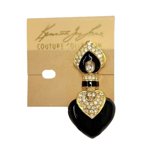 2.25" x 1" Gold Rhinestone Black with Crystal Center Heart Drop Clip Earring