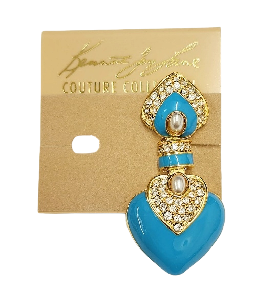 2.25" x 1" Gold Rhinestone Turquoise with Pearl Center Heart Drop Clip Earring
