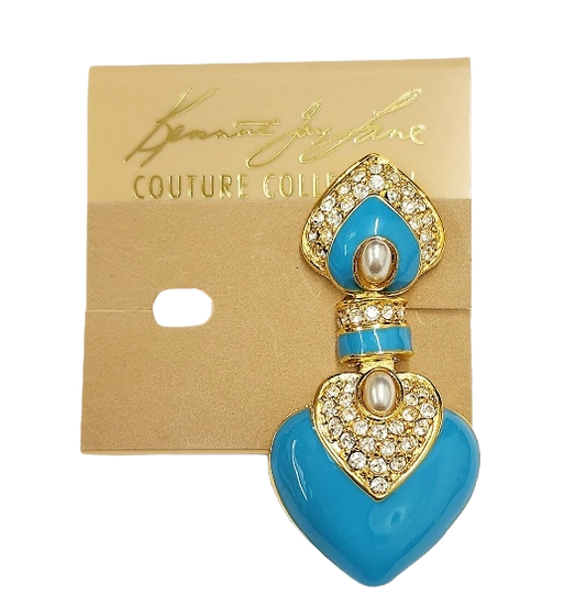 2.25" x 1" Gold Rhinestone Turquoise with Pearl Center Heart Drop Clip Earring