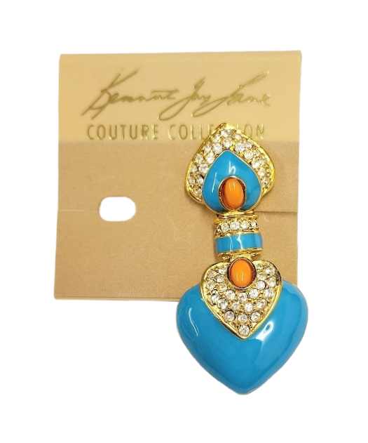 2.25" x 1" Gold Rhinestone Turquoise with Coral Cabochon Center Heart Drop Clip Earring
