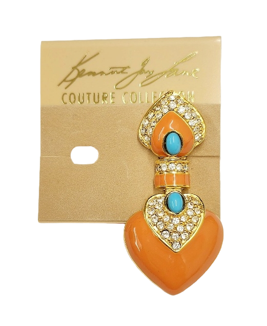 2.25" x 1" Gold Rhinestone Coral with Turquoise Center Heart Drop Clip Earring