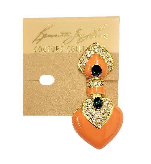 2.25" x 1" Gold Rhinestone Coral with Faceted Emerald Center Heart Drop Clip Earring