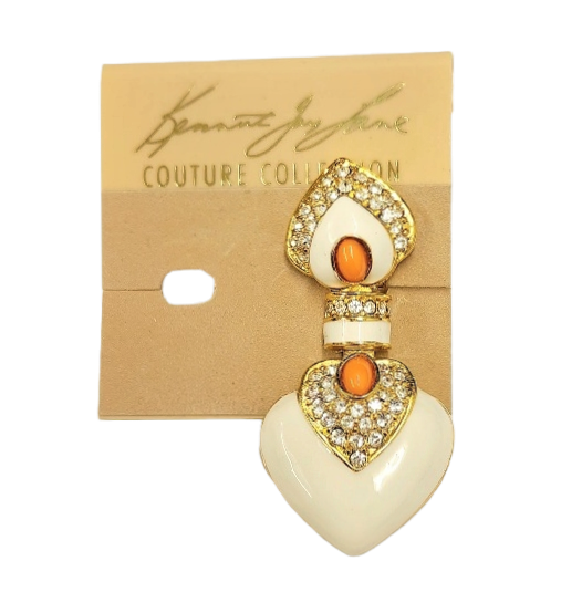 2.25" x 1" Gold Rhinestone Ivory with Coral Cabochons Center Heart Drop Clip Earring