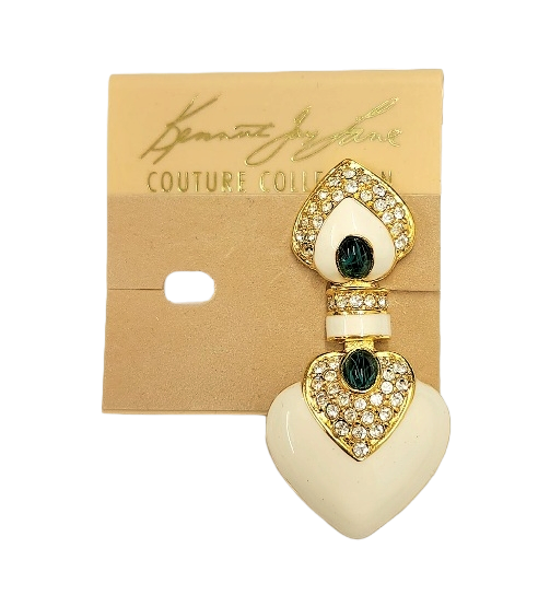 2.25" x 1" Gold Rhinestone Ivory with Emerald Cabochon Centers Heart Drop Clip Earring