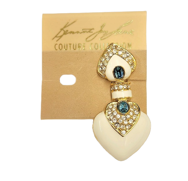 2.25" x 1" Gold Rhinestone Ivory with Aqua Center Heart Drop Clip Earring