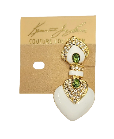 2.25" x 1" Gold Rhinestone White with Peridot Center Heart Drop Clip Earring