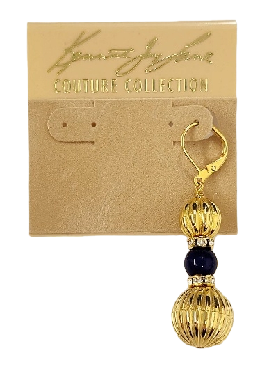 2" Fluted Gold Beads with Lapis & Crystal Rhondells Drop Eurowire Pierced Earring