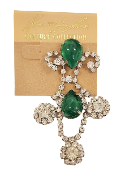 3" x 1.5" Rhodium Rhinestone Chandelier Direct Post Earring with Flaw Emerald Stones