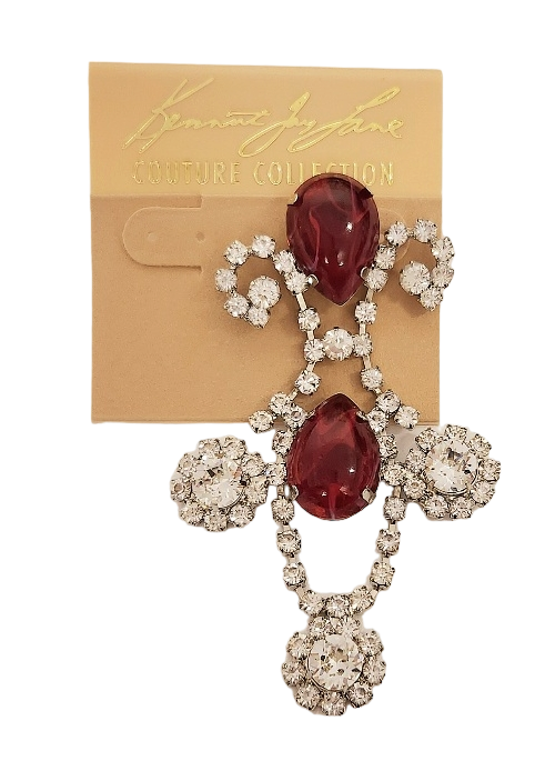 3" x 1.5" Rhodium Rhinestone Chandelier Direct Post Earring with Flaw Ruby Stones