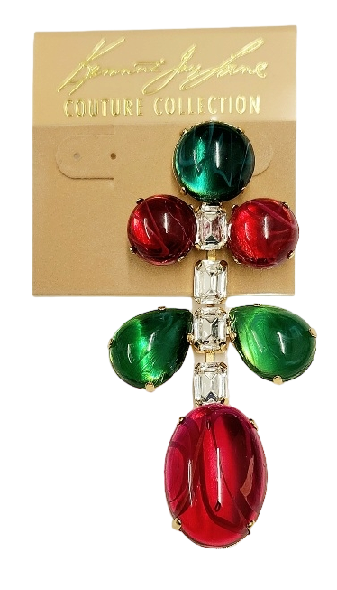 3" x 1.25" Gold- Crystal with Flaw Emerald & Flaw Ruby Stone Drops Post Earring