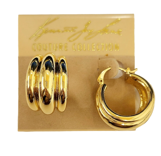 Gold Triple Row Hinged Post Hoop Earring