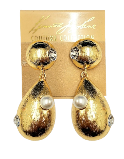 2.5" Brushed Gold with Pearl & Clear Crystal Drop Clip Earring