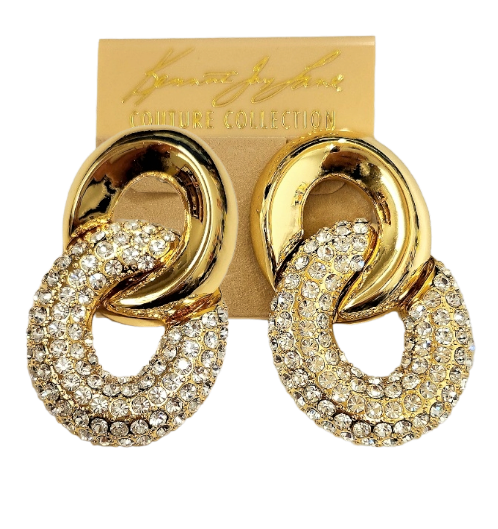 2.5" Polished Gold with Clear Crystal Pave` Interlocking Pierced Earring