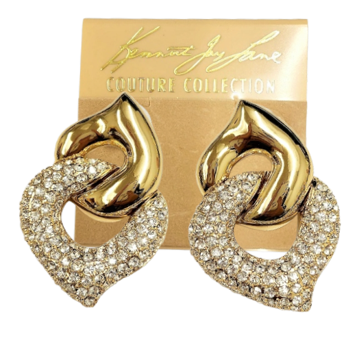 2.5" Polished Gold with Clear Crystal Pave` Interlocking Pointed Ends Pierced Earring