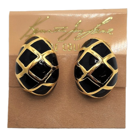 Gold and Black Enamel Huggie Clip Earrings