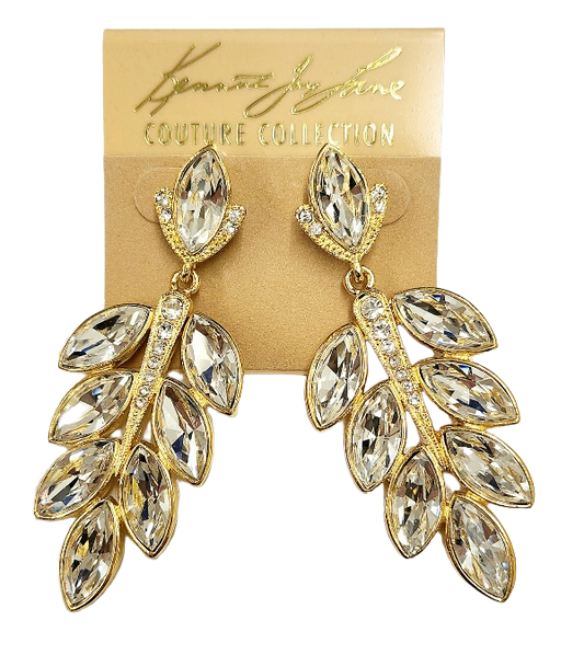 3.75" x 1" Gold with Rhinestone Drop Post Earring with Crystal Leaves