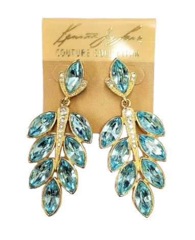 3.75" x 1" Gold with Rhinestone Drop Post Earring with Aqua Leaves
