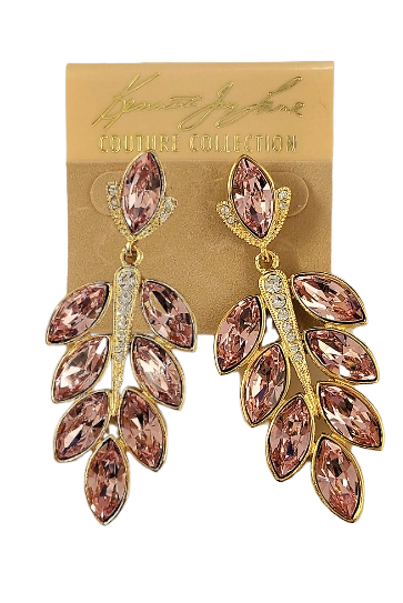 3.75" x 1" Gold with Rhinestone Drop Post Earring with Pink Leaves
