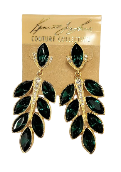 3.75" x 1" Gold with Rhinestone Drop Post Earring with Emerald Leaves