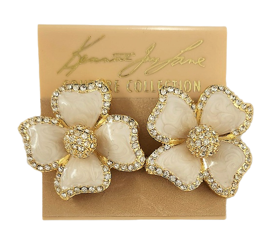 Gold with Crystal & White Enamel Flower Clip Earring