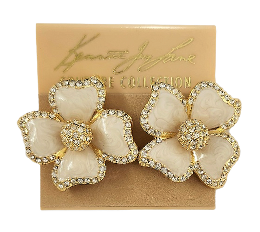 Gold with Crystal & White Enamel Flower Clip Earring