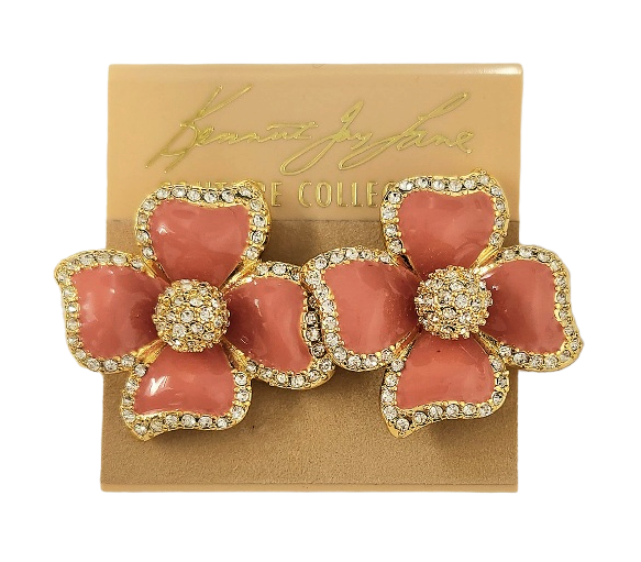 Gold with Crystal & Pink Enamel Flower Clip Earring