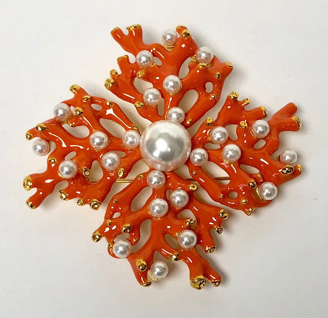 Gold Coral Enamel With Pearls Branch pin