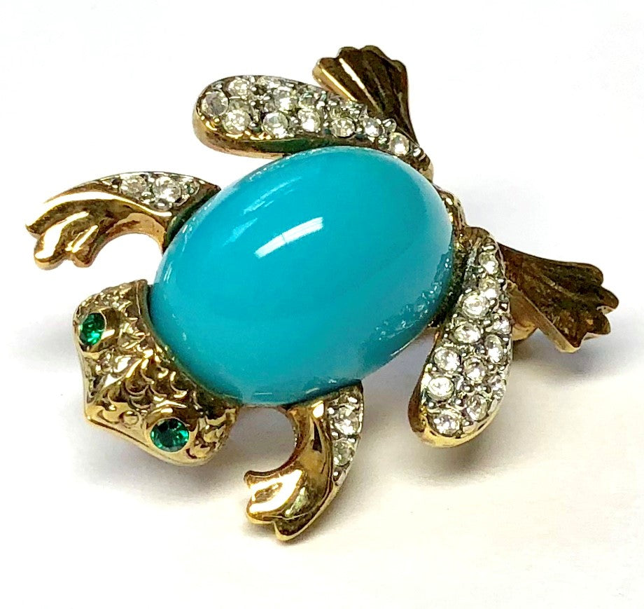 Gold Turquoise Crystals Frog Pin