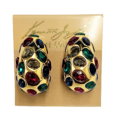 Gold with Multi Dark Gemstone Domed Clip Earring