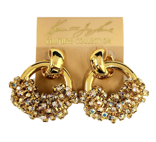Gold Post Door Knocker Earring with Rhinestone Clusters