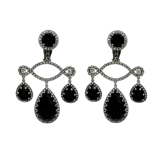 Gunmetal with Crystal & Jet Triple Drop Clip Earring