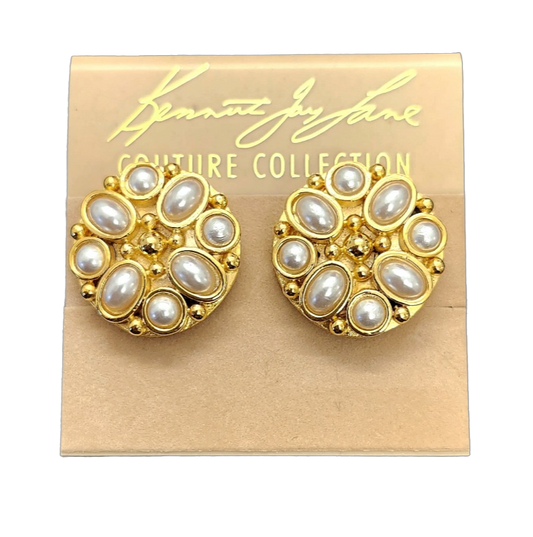 Gold Button Clip Earring with Pearl Cabochons