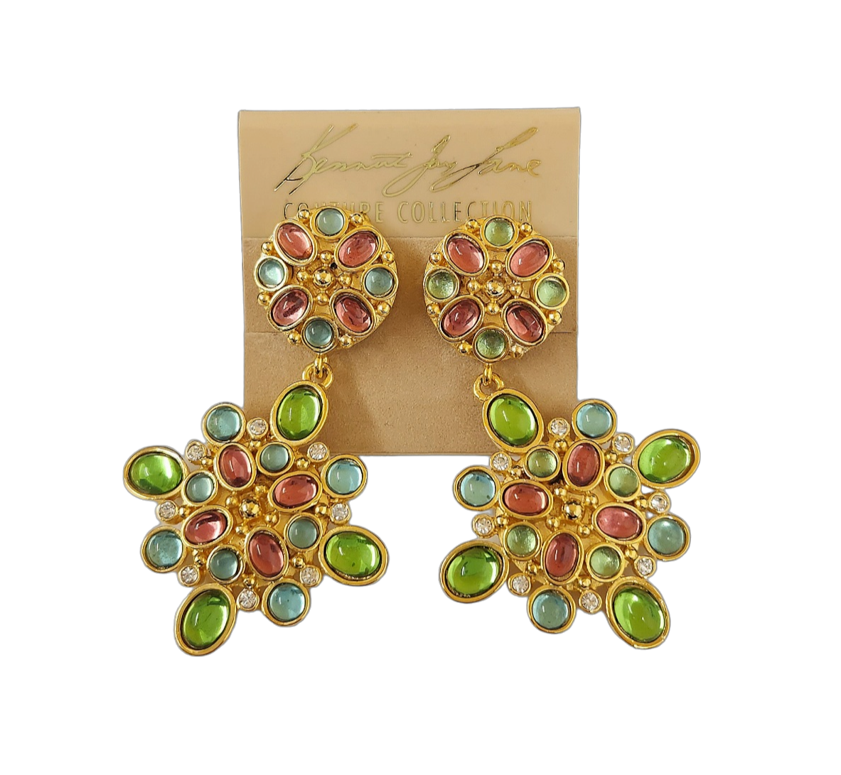 Gold with Rhinestone Light Multicolored Stones Drops Clip Earring