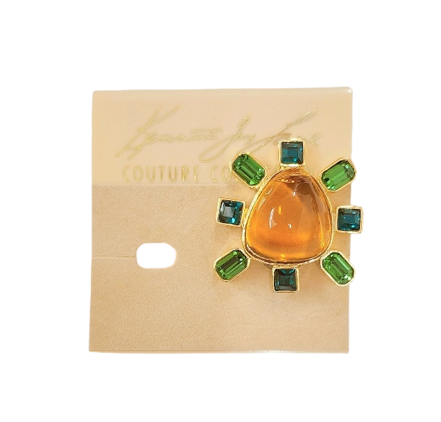 Gold-Emerald Sides Topaz Cabochon Center Clip Earring